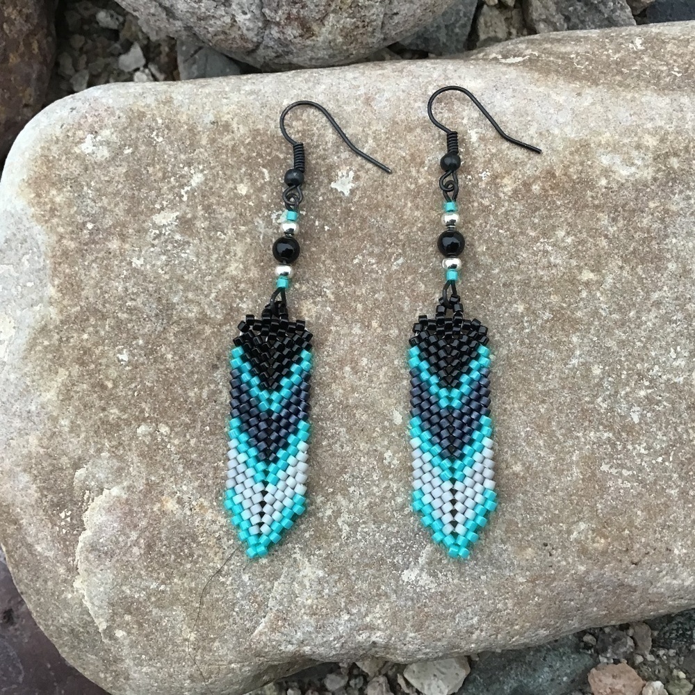 Black, Gray And Turquoise Beaded Feather Earrings, New, Handmade By Me